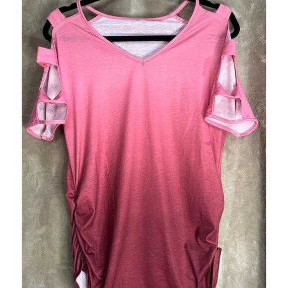 Womens V Neck Short Sleeve Cold Shoulder Cutouts Shirt Light Rose Burgundy, Wine - Picture 8 of 16